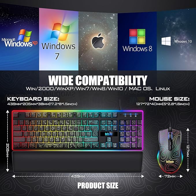 RedThunder K10 Wired Gaming Keyboard & Mouse Combo with Wrist Rest, Adjustable RGB Mechanical Feel Anti-ghosting Keyboard + 7D 7200 DPI Mouse+Soft Leather Wrist Rest for PC Gamers (Black Lines)