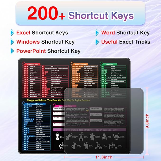Excel Cheat Sheet Mouse Pad, Excel Shortcuts Desk Mat, Waterproof Keyboard Mousepad for Desk Office Work Computer Gaming Mouse Mat with Stitched Edges Anti-Slip (19.29"x16.53")