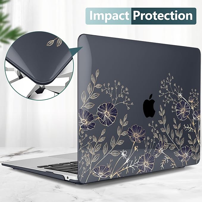 TWOLSKOO for MacBook Air 13.3 inch Case 2021 2020 2019 2018 Release M1 A2337 A2179 A1932 with Touch ID, Plastic Hard Shell Case & Keyboard Cover & Type C Adapter, Golden Flowers