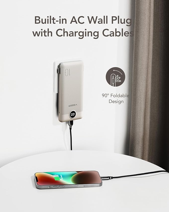 VEGER Portable Charger with Built-in AC Plug and Cables, All in One 10000mAh Ultra Slim Power Bank Travel Essentials, Fast Charging Battery Pack Compatible with iPhone, Samsung, Android (Coffee)