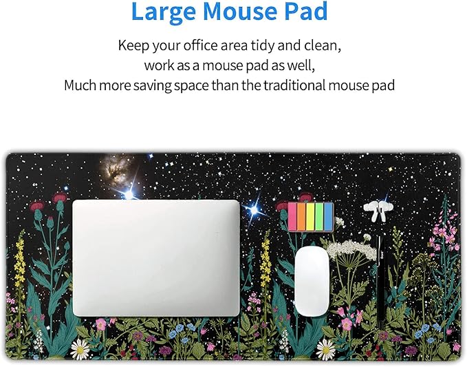 Black Aesthetic Wildflower Large Mouse Pad XXL Space Galaxy Weeds Herb Cute Floral Extended Large Desk Mat Big Desk Pad 90X40 CM Non-Slip Rubber Base Stitched Edge Long Mousepad,35.4 x 15.7 Inch