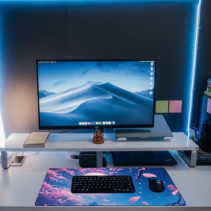 Large Gaming Mouse Pad for Desk, Falling Cherry Blossoms Desk Mat, Bright Full Moon Desk Pad, 31.5"x15.7" Extended Big Computer Keyboard Mouse Pad with Non-Slip Base and Stitched Edge