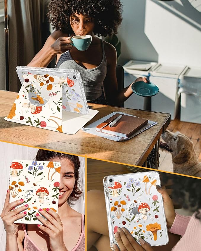 Shorogyt for iPad A16 11th Generation 11 inch 2025 /for i Pad 10th Generation case Magnetic Stand for Women - Cute Design 360 Degree Rotating Covers Girls Aesthetic with Pencil Holder,Mushroom