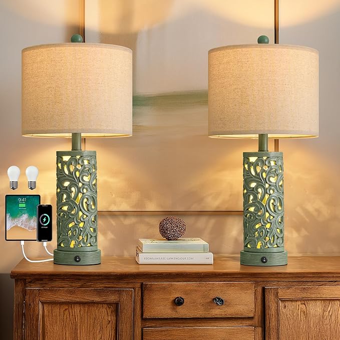 OYEARS 22'' Table Lamp Set of 2 for Living Room, Farmhouse Lamp for Bedroom, Vintage Bedside Lamps with Retro Design and USB Ports, Linen Shade for Home Office (Bulb Included, Green)