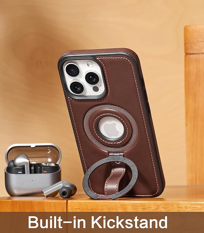 Butaiga for iPhone 15 Pro Max Leather Case with Stand, Anti-Slip Grip Ring, Fits for MagSafe (Cocoa, iPhone 15 Pro Max)