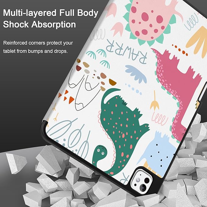 MEEgoodo Case for M5 iPad Pro 11 inch 2025/M4 iPad Pro 11 inch Case 2024, Tablet Cover with Trifold Stand & Pencil Holder & Auto Wake/Sleep & Soft TPU Back Cover, Cute Dinosaurs