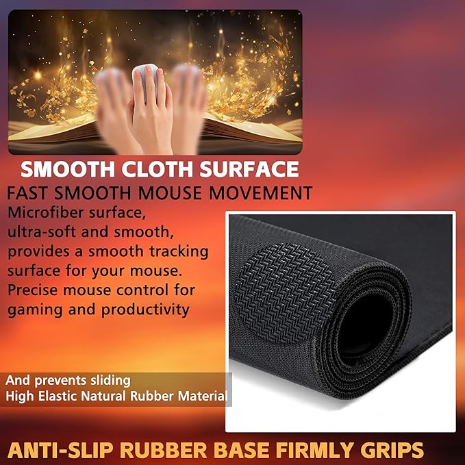 Desk Pad, Golden Magic Book Desk Mat, Fantasy Books Large Gaming Mouse Pad, 31.5"x15.7" Extended Big Computer Keyboard Mouse Pad with Non-Slip Base and Stitched Edge