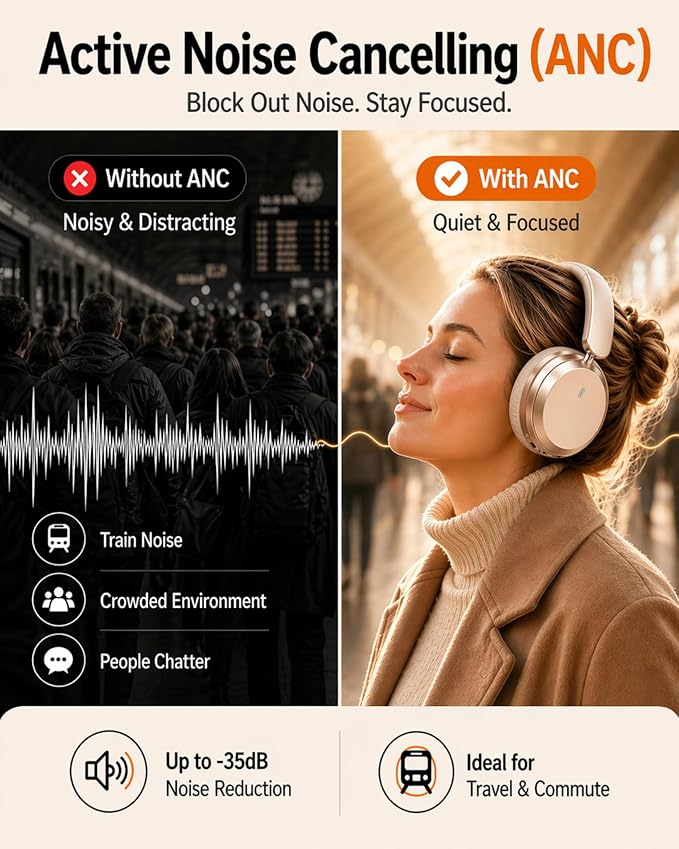 Wentronic Y05 Active Noise Cancelling Over Ear Headphones, Bluetooth 5.3 Wireless Headphones with Mic, 48H Playtime, USB-C Fast Charging, Hi-Res Audio, Starlight