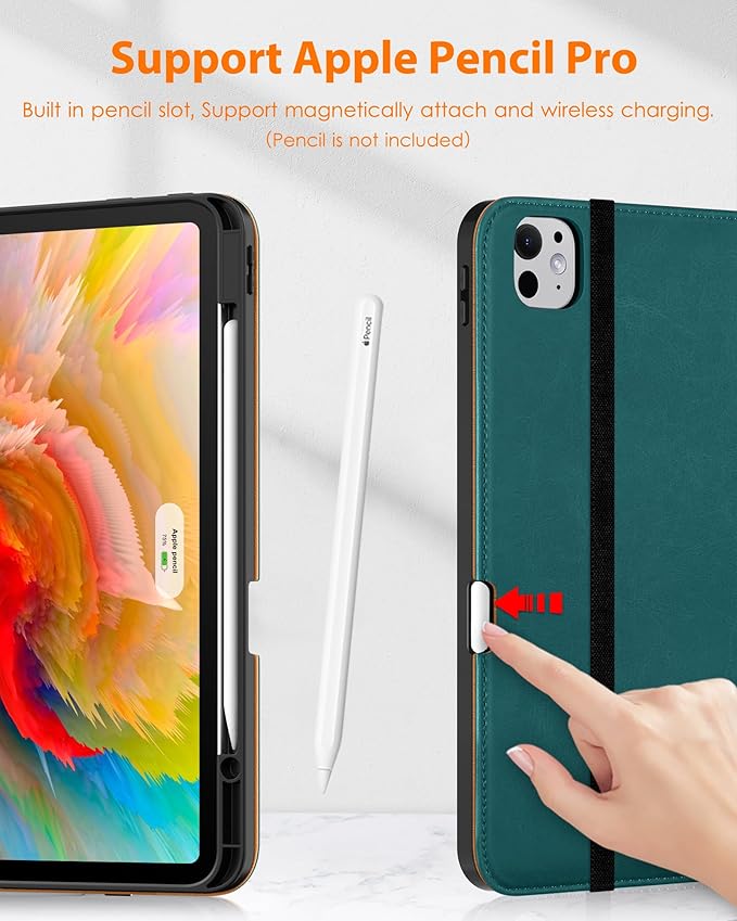 DTTO for iPad Pro 13 inch Case (M5/M4) 2025/2024, Premium Leather Business Folio Stand Cover with Pencil Holder - Auto Wake/Sleep & Multiple Viewing Angles, Built in Hand Strap & Pocket, Green