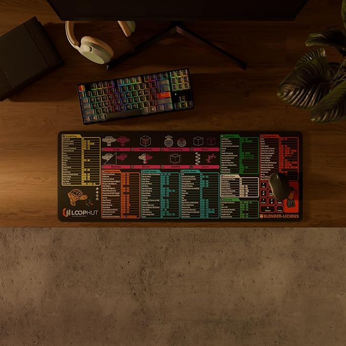 Blender 3D Shortcut Keys Mousepad Extra Large Desk Mat | 31.5x11.8in XL | Non-Slip Rubber Base | Durable Stitched Edge