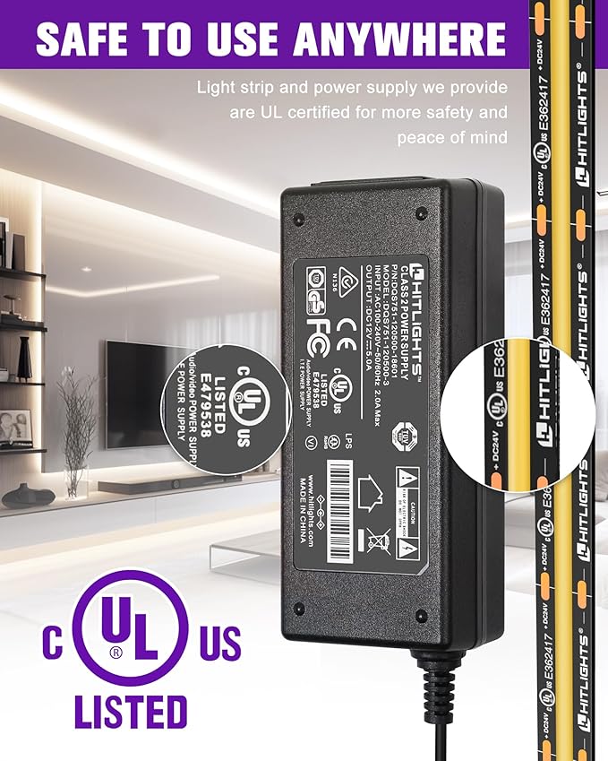 HitLights COB White LED Strip Lights Kit with Remote & 12V Power Supply, 16.4ft Dimmable Tape Light 4000K, 2400LEDs, 305+ Lm/ft, UL Listed, Flexible Rope Lights for Bedroom, Kitchen, Cabinet Lighting
