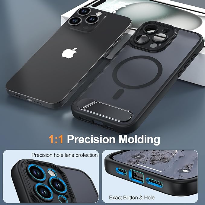 Magnetic Compatible with iPhone 15 Pro Max Case, [Built-in Kickstand][Full Camera Protection][Compatible with MagSafe][Anti-Fingerprint] Shockproof Phone Case for iPhone 15 Pro Max 6.7",Black