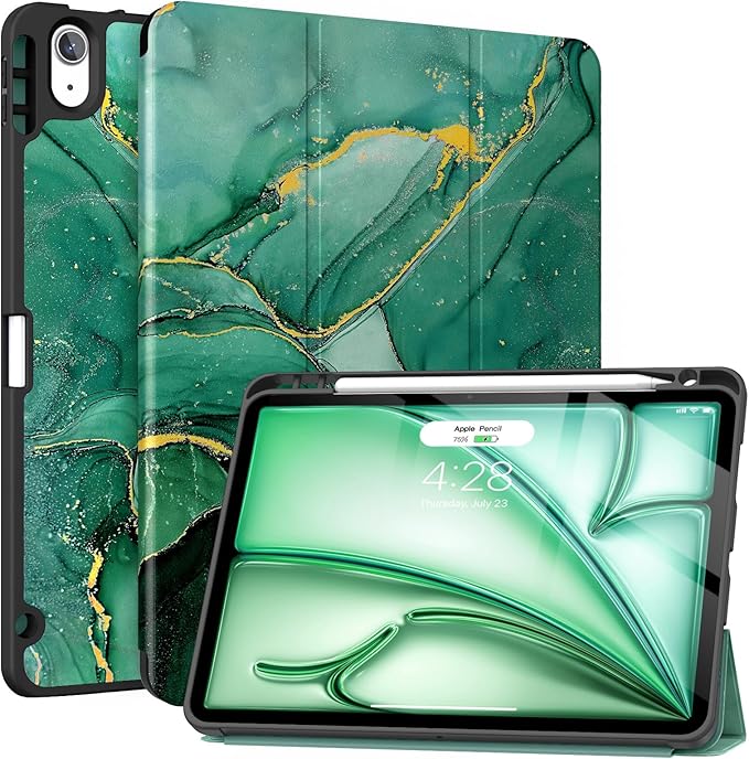 Soke Case for New iPad Air 11 Inch (M4/M3/M2, 2026-2024), iPad Air 5th/4th Generation 10.9 Inch (2020-2022) with Pencil Holder, Soft TPU Back Cover & Auto Sleep/Wake, Green Marble