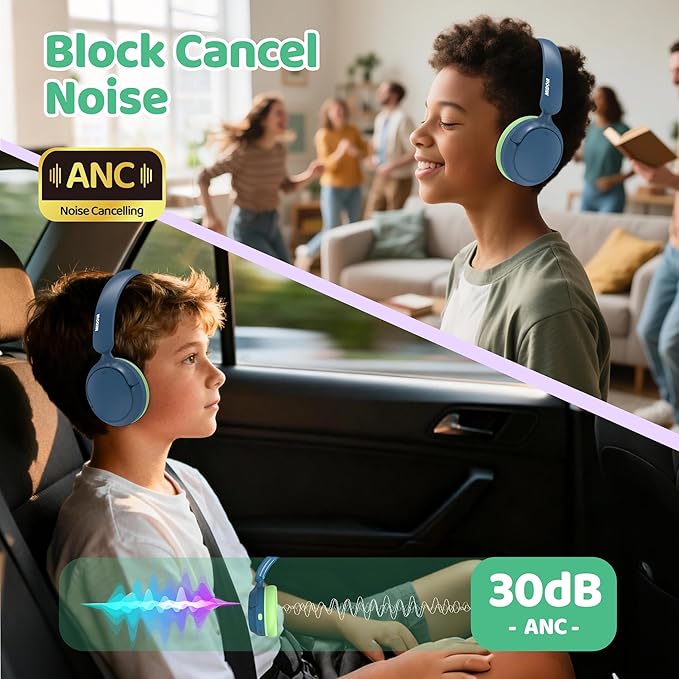 Kids Bluetooth Headphones Active Noise Cancelling,68H Play Time,Lightweight Wireless Foldable Over-Ear Headphone for Kid Toddler,Volume Limited 85/94dB,Headsets with Built-in Mic Blue