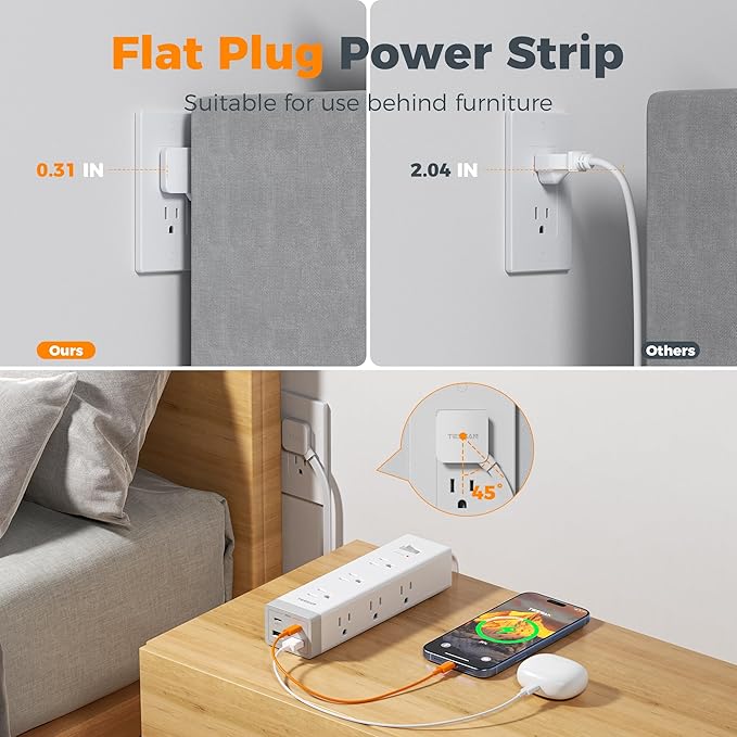 TESSAN Surge Protector Power Strip PD 20W, Ultra Thin Flat Plug 15 FT Extension Cord, 9 Outlets 4 USB(2 USB C), 1050J Protection Multiple Outlets Charging Station for Home, Office, College Dorm Room