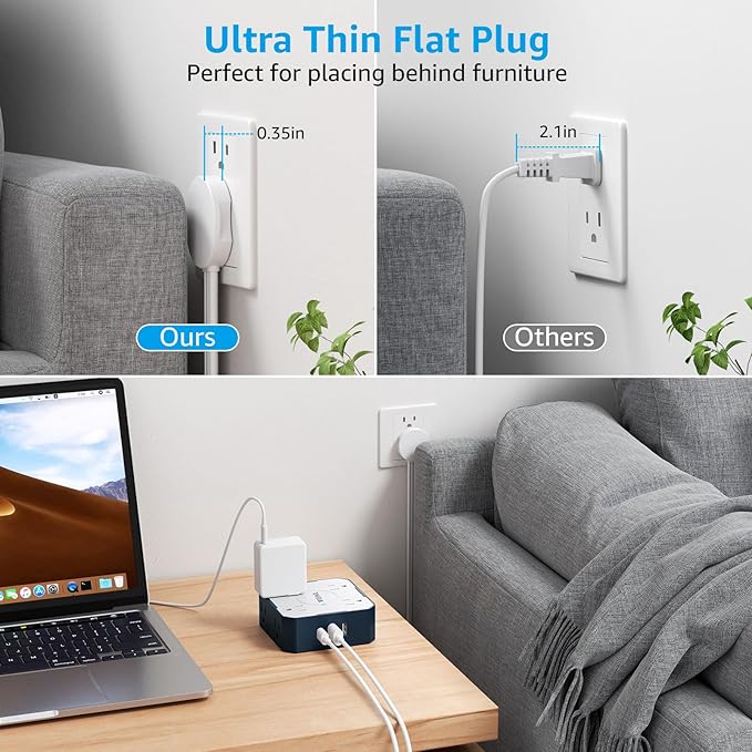 Surge Protector Power Strip, 5 Ft Flat Plug Extension Cord with 3 USB Charger(1 USB C Port) and 8AC Outlets, Wall Mountable Multi Plug Outlet Extender for Home Office