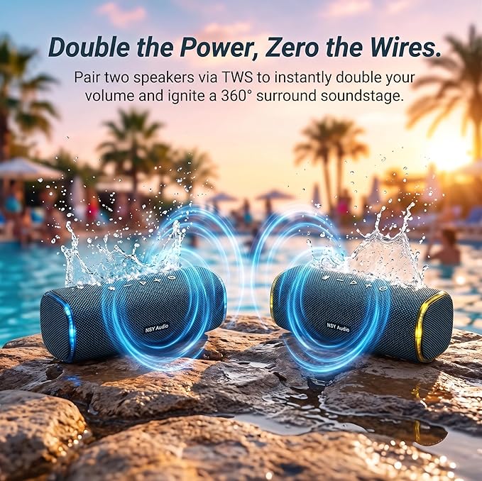 40W Bluetooth Shower Speaker, IPX7 Waterproof Floating Pool Speaker with Interactive Tap-to-Play Drum Beats, 25H Playtime, LED Lights, Built-in Mic for Hands-Free Calls in Bathroom, Blue