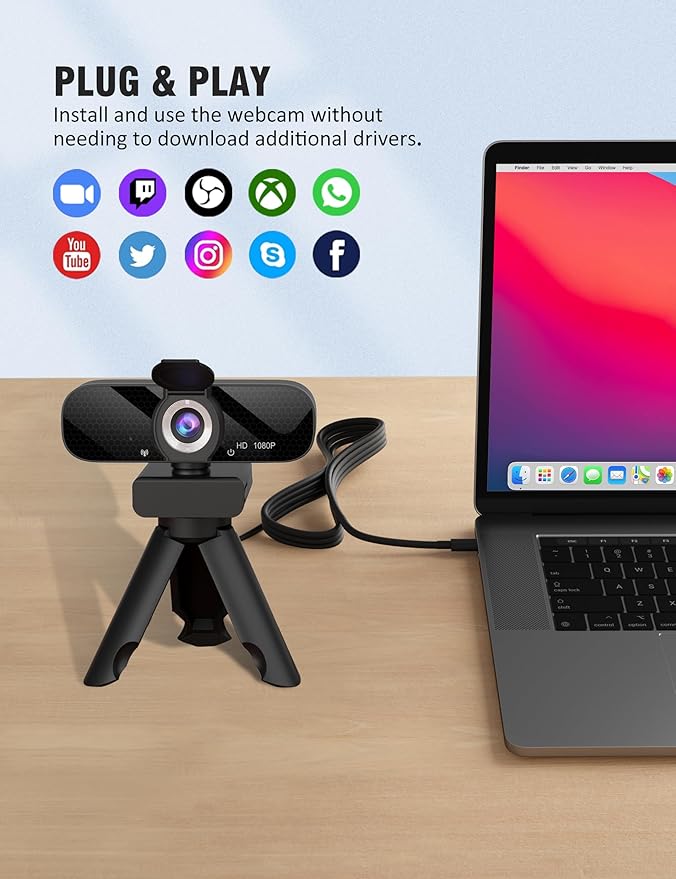 Tewiky Full HD Webcam with Built-in Microphone and Rotatable Tripod, 1080P Video and Wide Angle Camera, Privacy Cover, for Desktop PC or Laptop Computer