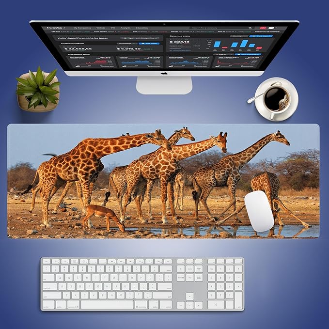 Extra Large Gaming & Office Mouse Pad (31.5" x 11.8") – A Group of South African Giraffes at a Waterhole, Premium XXL Desk Mat with Durable Stitched Edges & Smooth Surface & Anti-Slip Base