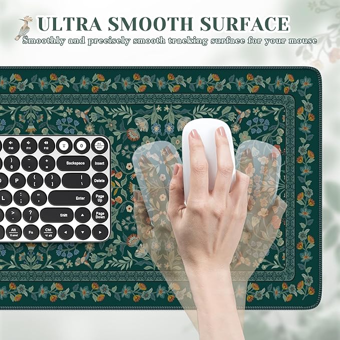 iCasso Aesthetic Floral Desk Mat, L Mouse Pads, Anti-Slip Retro Mousepad with Stitched Edges, Waterproof Computer Pad 11.8"x31.5", Desk Accessories Office Decor for Women(Deep Green)