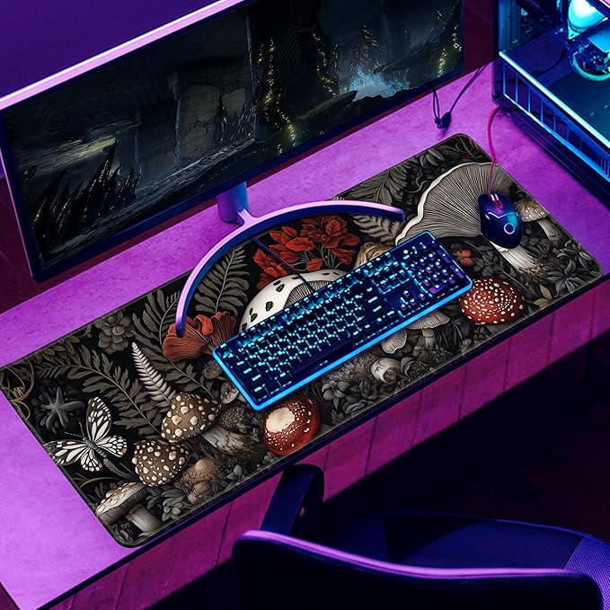 Mushroom Mouse Pad Gaming Desk Pad Ferns XL Large Mat Black Long Extended Mousepad Non-Slip Rubber Mice Pads Stitched Edges Thin Pad (31.5x11.8 Inch)