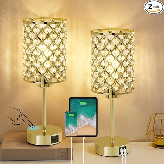 GyroVu Crystal Table Lamps Set of 2, Gold Touch Lamp for Nightstand with USB C+A Ports, Dimmable Small Bedside Lamp with Crystal Shade, End Table Desk Lamps for Bedroom, Living Room(Buld Included)