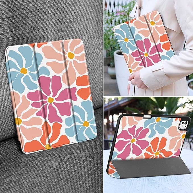MEEgoodo Case for M5 iPad Pro 11 inch 2025/M4 iPad Pro 11 inch Case 2024, Tablet Cover with Trifold Stand & Pencil Holder & Auto Wake/Sleep & Soft TPU Back Cover, Minimalist Style Floral
