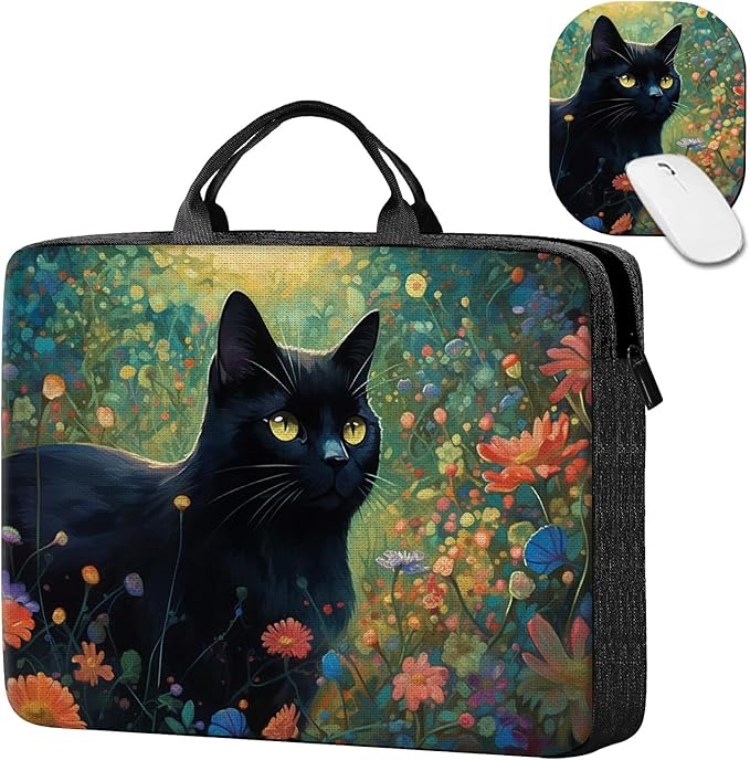 Laptop Sleeve Case 15 inch Plus Cute Mousepad, Black Cat Florals Slim Carrying Case Durable Handbag Protective Travel Laptop Bag for 13-15 inch Tablet,Laptop, Ultrabook Notebook
