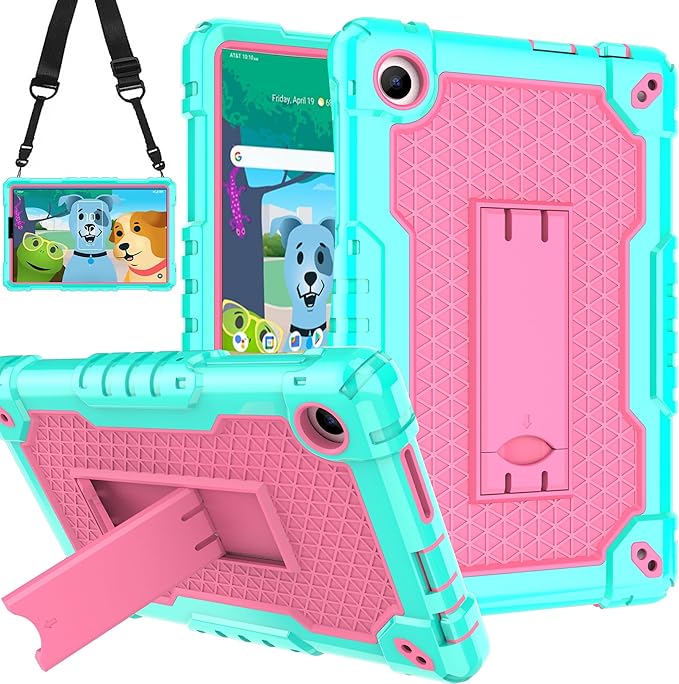 Case for for AT&T Amigo Jr. Tab 8 inch Tablet 9136K - [Built-in Kickstand] Anti Slip Kids Friendly Shockproof Silicone Protective Cover (Green/Pink)
