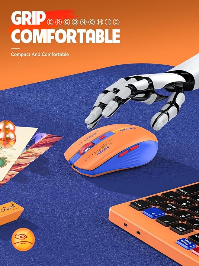 RAPIQUE Bluetooth Wireless Mouse - (BT1/BT2+USB Receiver) Dual Mode, Rechargeable, Quiet Click, Multi-Device Compatibility for Laptop, Computer, MacBook, Tablet (Blue and Orange)
