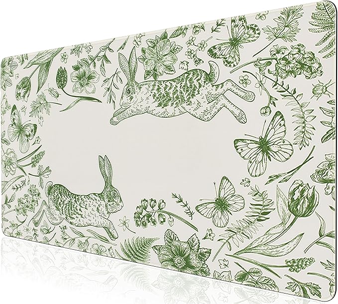L-SPOUTTO Green Floral Desk Mat for Keyboard and Mouse,Cute XXL Gaming Mouse Pad,Large 35.4x15.7in Non-Slip Rubber Base Keyboard Pad Waterproof Desktop Mat for Laptop Computer Work Home Office-Rabbits