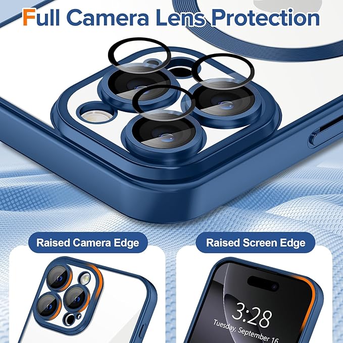 Hython Magnetic Clear for iPhone 16 Pro Case with Camera Lens Protector [Compatible with MagSafe] Luxury Plating Edge Slim Soft TPU Cover Protective Phone Case for iPhone 16 Pro 6.3", Matte Deep Blue