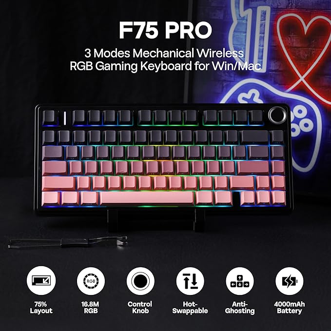 MechLands Aula F75 PRO 75% Wireless Gaming Keyboard, Gasket Mechanical Custom Keyboard with Five-Layer Padding, BT/2.4GHz/USB-C, Hot Swappable, Knob, RGB, Reaper Switches (Black Pink)