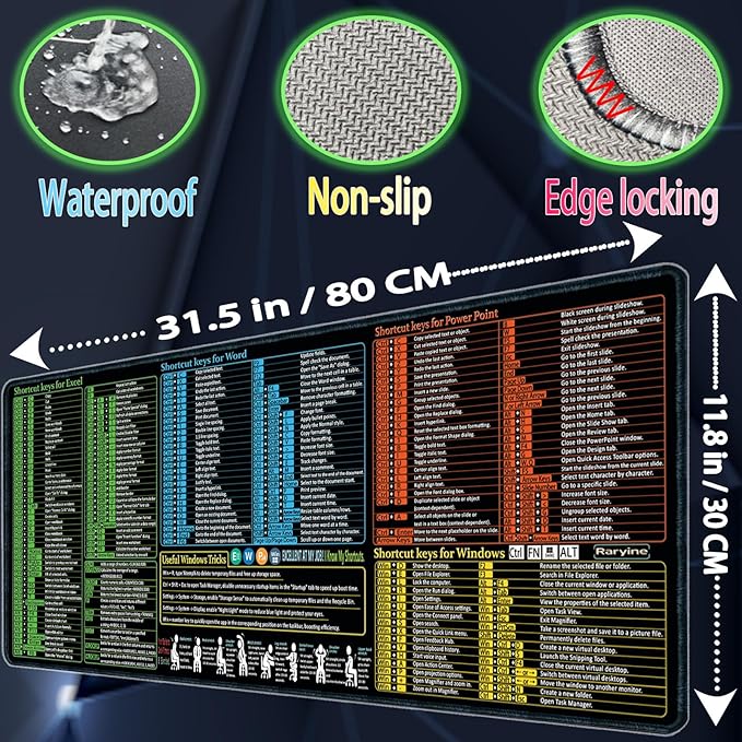 Excel/Word/Power Point/Windows Mouse pad,Non-Slip&Waterproof Large Gaming Office pc Desk mat(XL 31.5 x 11.8 in),Over 200 Keyboard Shortcuts Mousepad