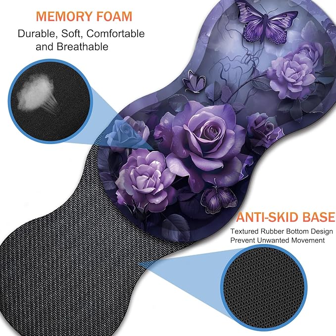 Extended Non-Slip Mouse Pad + Mouse Wrist Rest + Lace-Shaped Coaster Set, Ergonomic Design, Suitable for Desk and Home Gaming Table Mat, Purple Rose