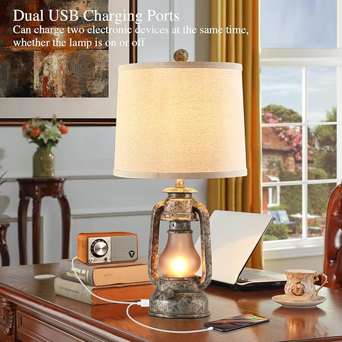 Farmhouse Rustic Table Lamps for Living Room Set of 2, Vintage Lantern Table Lamp with Dual USB Ports, Retro Nightstand Lamp for Bedroom Bedside, 4 Bulbs Included (Iron Gray)