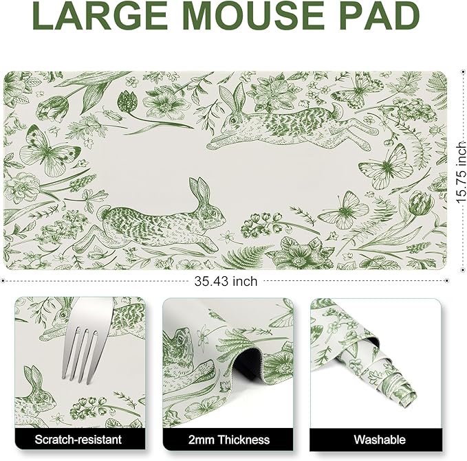 L-SPOUTTO Green Floral Desk Mat for Keyboard and Mouse,Cute XXL Gaming Mouse Pad,Large 35.4x15.7in Non-Slip Rubber Base Keyboard Pad Waterproof Desktop Mat for Laptop Computer Work Home Office-Rabbits