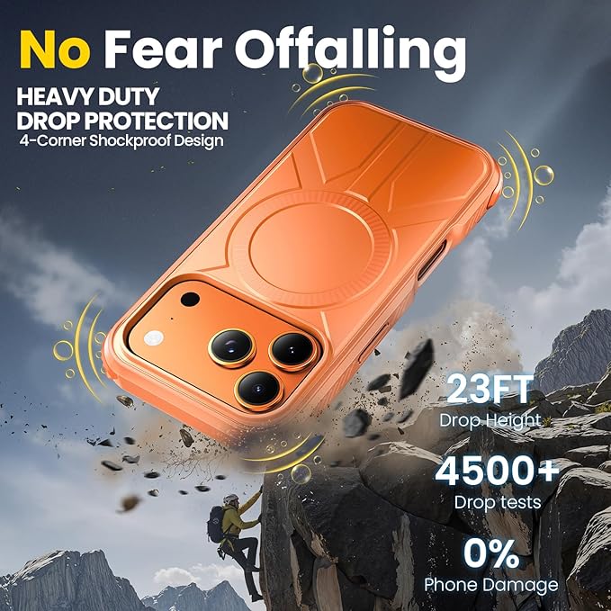 3 in 1 for Heavy Duty iPhone 17 Pro Max Case with Screen Protector & Camera Lens Protector ,7X Military-Grade Drop Protection ,Fits MagSafe ,Rugged & Slim shockproof Case for iPhone 17 Pro Max, Orange