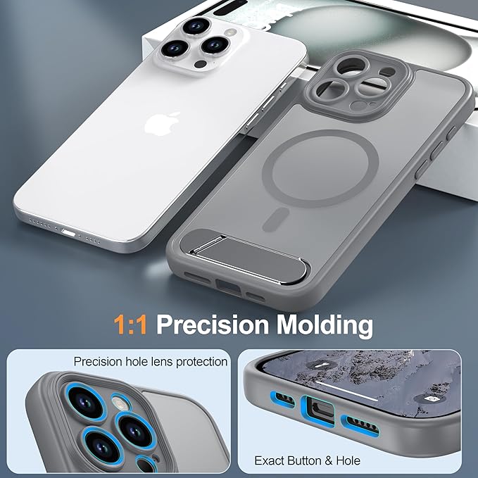Magnetic Compatible with iPhone 15 Pro Max Case, [Built-in Kickstand][Full Camera Protection][Compatible with MagSafe][Anti-Fingerprint] Shockproof Phone Case for iPhone 15 Pro Max 6.7",Grey