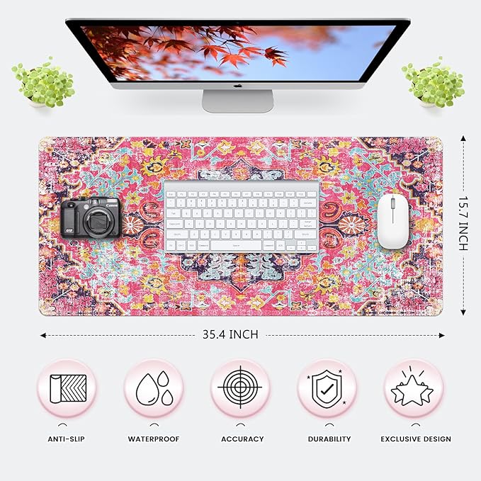 iLeadon Large Boho Desk Mouse Pad Mat,Computer Desk Cover Mat with Smooth Lycra Surface,Rubber Base Mousepad with Stitched Edges,Keyboard Mat for Office,Home (Boho Floral)