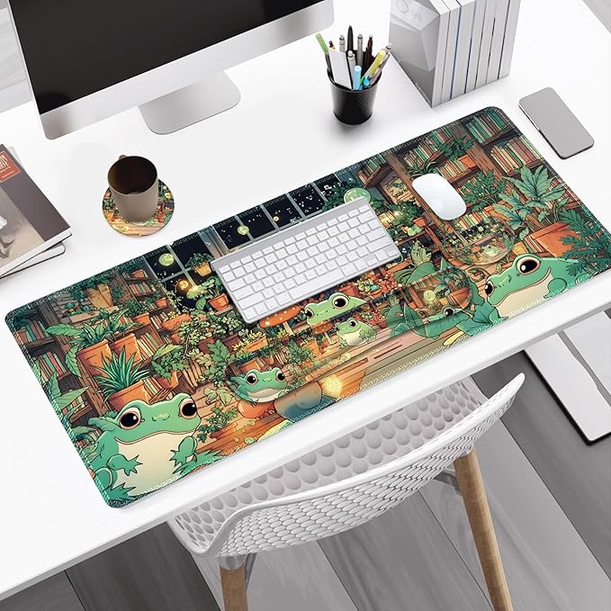 Large Gaming Mouse Pad Set, 4 in 1 Ergonomics Keyboard Desk Mat with Memory Foam Wrist Rest, Computer PC Extended Game Mousepad, Non-Slip Desk Matt Easy Typing Pain Relief I Frog & Mushroom