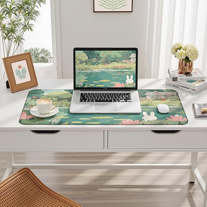 Cute Kawaii Bunny Anime Green Plant Desk Mat Large Mouse Pad Gaming Desk Pad Accessories for Women Office Decor Long Laptop Keyboard Mouse Mat