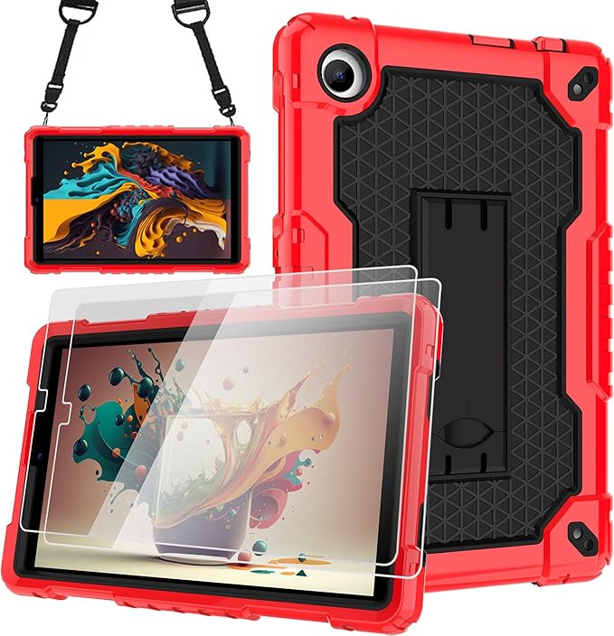 Case for for AT&T Amigo Jr. Tab 8 inch Tablet 9136K - [Built-in Kickstand] Anti Slip Kids Friendly Shockproof Silicone Protective Cover (Red/Black+2 PCS Glass)