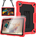 Case for for AT&T Amigo Jr. Tab 8 inch Tablet 9136K - [Built-in Kickstand] Anti Slip Kids Friendly Shockproof Silicone Protective Cover (Red/Black+2 PCS Glass)
