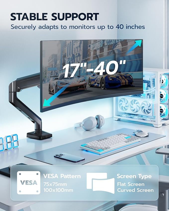 ARES WING Heavy Duty Single Monitor Arm - Fully Adjustable Monitor Mount for 17"-40" Ultrawide Screens up to 26.4 lbs with Clamp/Grommet Desk Mount, 75/100 Vesa Mount, Black