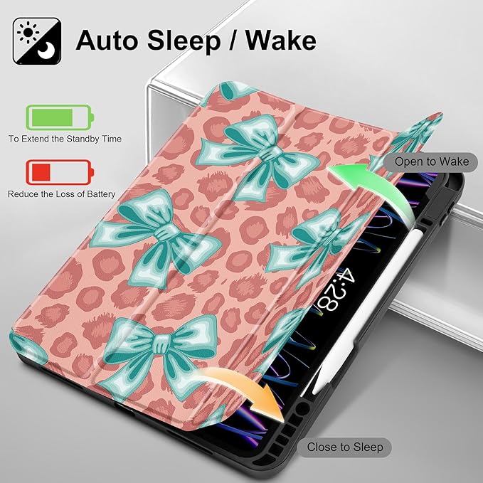 May Chen for iPad Pro M2 12.9 inch Case 6th/5th/4th/3rd Generation 2022 2021 2020 2018, Trifold Stand with Auto Wake/Sleep Soft TPU Protective Stand Back Cover, Mint Green Bow