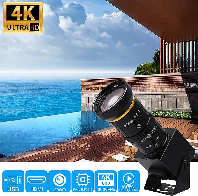 SVPRO 4K Streaming Webcam with 5-50mm Zoom Lens, USB & HDMI Dual Ouput,10X Optical Zoom Manual Focus Camera H.264 Computer Vision Industrial Security Camera for PC/Monitor/TV/Projector