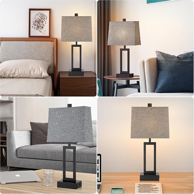 Rinweey 23.5" Touch Control Table Lamps Set of 2, Modern Bedside Lamps with USB A+C Ports & AC Outlet, 3 Way Dimmable Contemporary Nightstand Lamps for Bedroom Living Room Gray(LED Bulb Included)