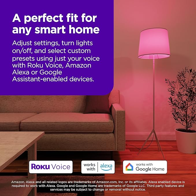 Roku Smart Light Bulbs (Color, 1-Pack) - Dimmable A19 Color Lightbulbs with Adjustable Brightness & Temperature - WiFi Smart Bulbs Works with Roku Voice, Alexa & Google Assistant - Smart Home Products