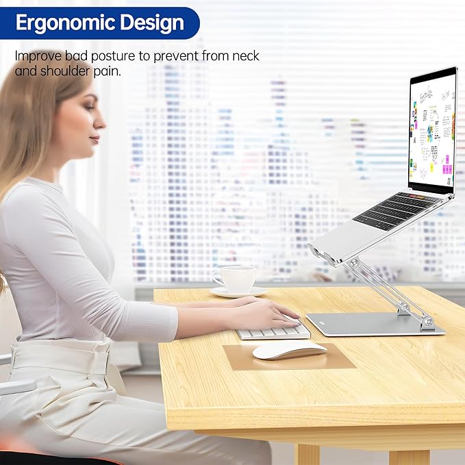 BESIGN LS10 Laptop Stand for Desk, Ergonomic Adjustable Notebook Tablet Stand, Foldable Laptop Riser, Portable Desktop Book Stands, Computer Holder Compatible with 10-14" Laptops, Silver